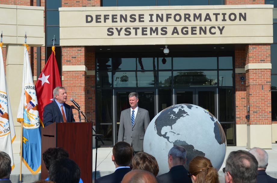 August 11, 2016 - Senator Durbin spoke at the Scott Air Force Base ribbon cutting ceremony for its new cyber-protection building