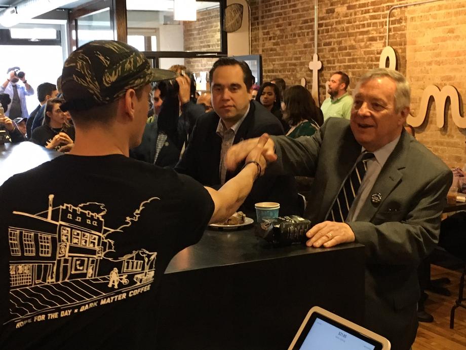 May 3, 2018 - Senator Durbin spoke at the opening of Sip of Hope, a new coffee shop where all proceeds will be donated to suicide prevention