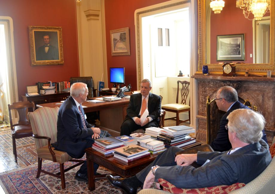 U.S. Senator Dick Durbin (D-IL) met with the President of Stanford University, John Hennessy today to discuss higher education issues and Durbin's American Cures Act. The bill would vastly expand funding for scientific research and discovery.