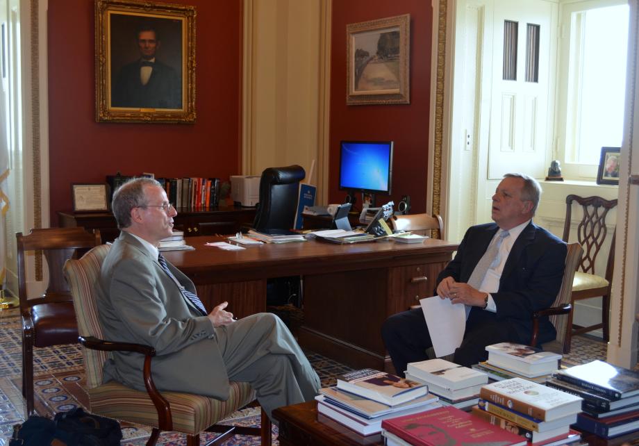 U.S. Senator Dick Durbin (D-IL) met with former United States Ambassador to Syria Robert Ford to discuss the ongoing Syrian refugee crisis and the crisis in Iraq. Durbin chaired a hearing of the Senate Judiciary Subcommittee on the Constitution, Civil Rights and Human Rights on the Syrian Refugee Crisis in January 2014.