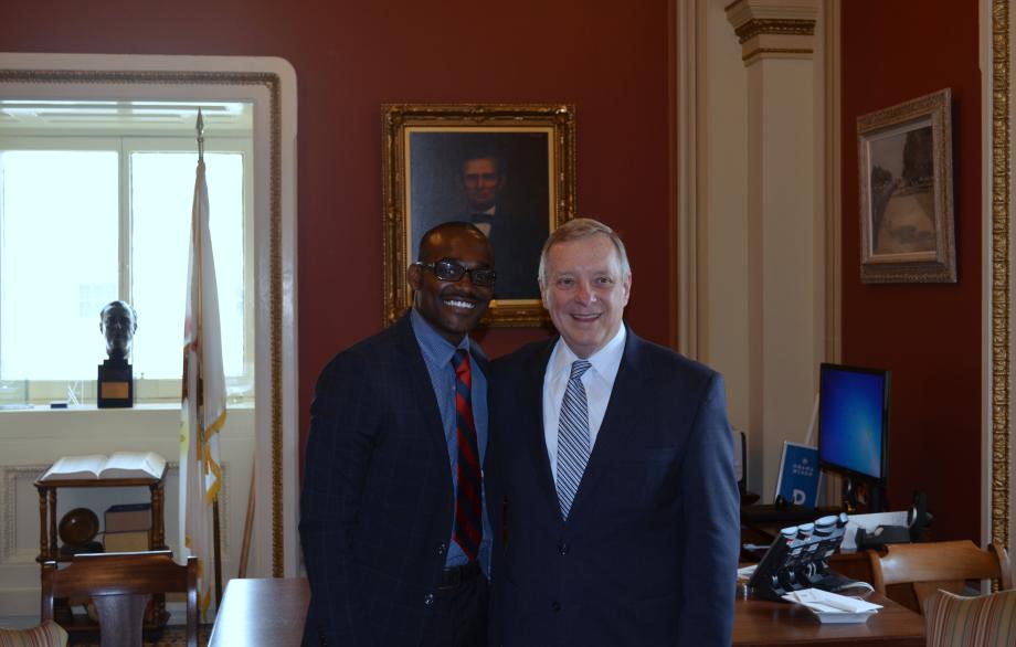 U.S. Senator Dick Durbin met with Steven Sanders, the 9th through 12th grade band teacher at UIC College Prep in Chicago, Illinois. Sanders was awarded with the Fishman Prize for execellence in teaching in high-poverty areas.