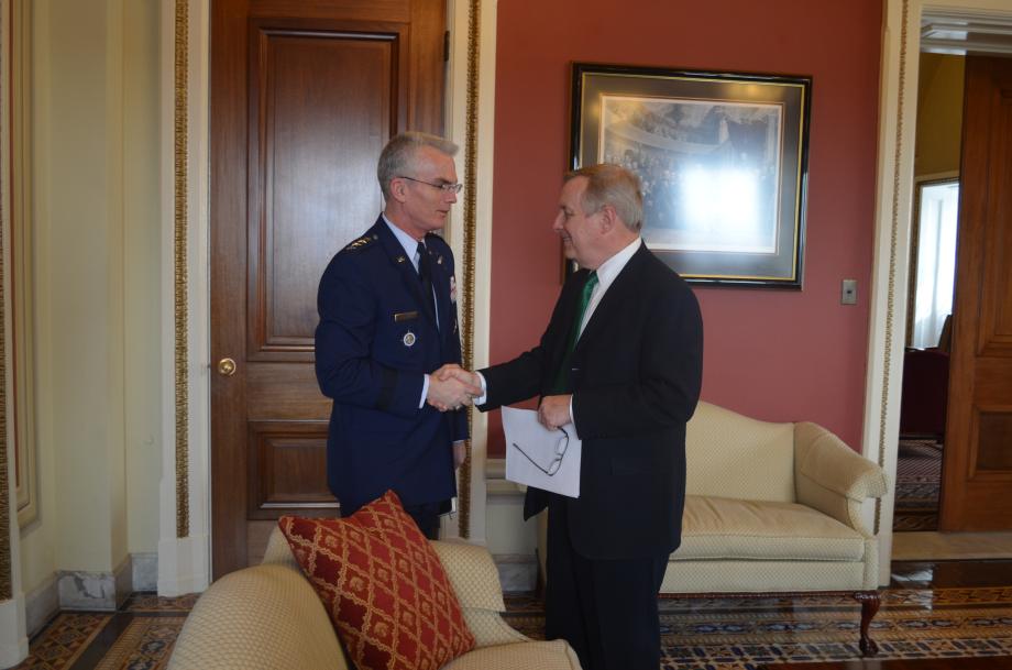 U.S. Senator Dick Durbin (D-IL) met with Commander of U.S. Transportation Command at Scott Air Force Base General Paul J. Selva to discuss Scott Air Force Base operations and 2015 defense priorities.  